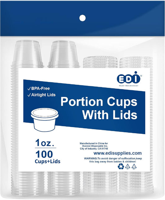 EDI [1 OZ, 100 Sets] Clear Disposable Plastic Portion Cups With Leakproof Lids | Jello Shot, Condiment, Dipping Sauce, Souffle Cups | BPA Free | Recyclable