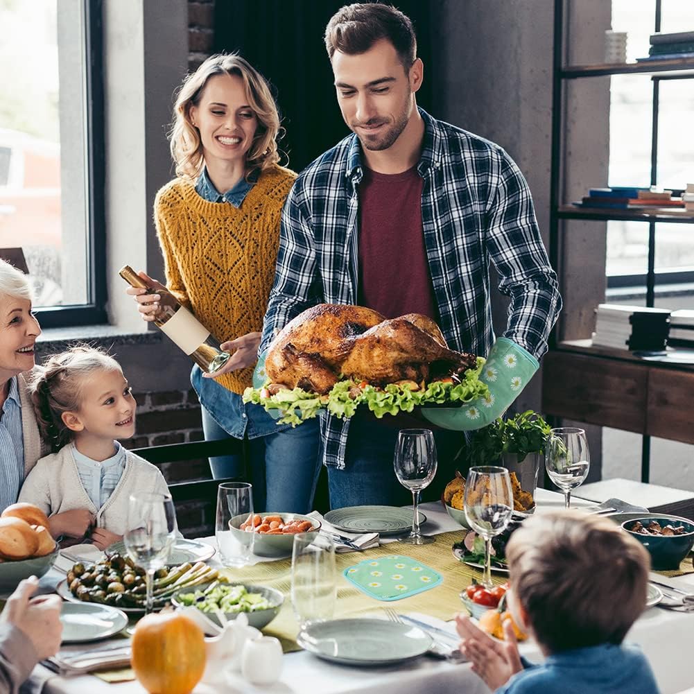 AUAUY Oven Mitts and Potholders, BBQ Gloves Heat Resistant, 1 Pair Oven Mitts and 2 Pot Holders, Cotton Non-Slip Cooking Gloves Home Essentials for Cooking Baking Kitchen Microwave Pizza (Daisy-Green)