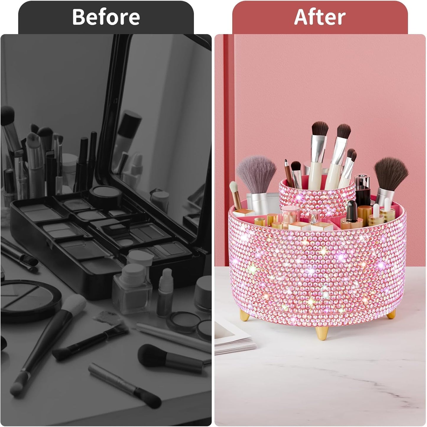 Bling 360° Rotate Makeup Brush Holder Organizer, Makeup Organizers Countertop, Makeup organization and Skincare Storage for Vanity, Gift for Women Girls (Bling dz-Pink)