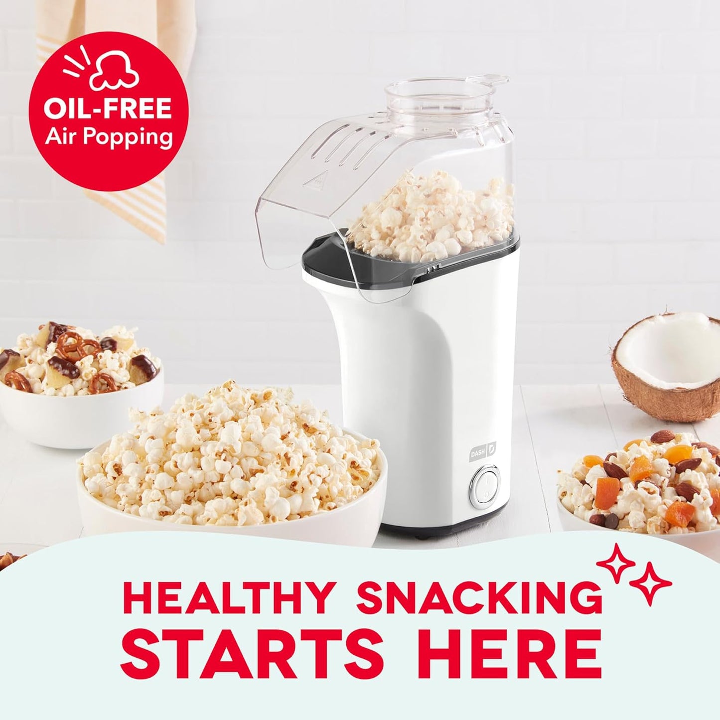 DASH Hot Air Popcorn Popper Maker with Measuring Cup to Portion Popping Corn Kernels + Melt Butter, 16 Cups - White