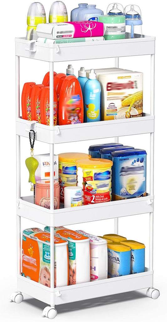 SPACEKEEPER Storage Cart, 4-Tier Mobile Shelving Unit, Bathroom Rolling Cart Utility Storage Organizer Shelf for Kitchen Living Room Bathroom Laundry Room & Dressers, White