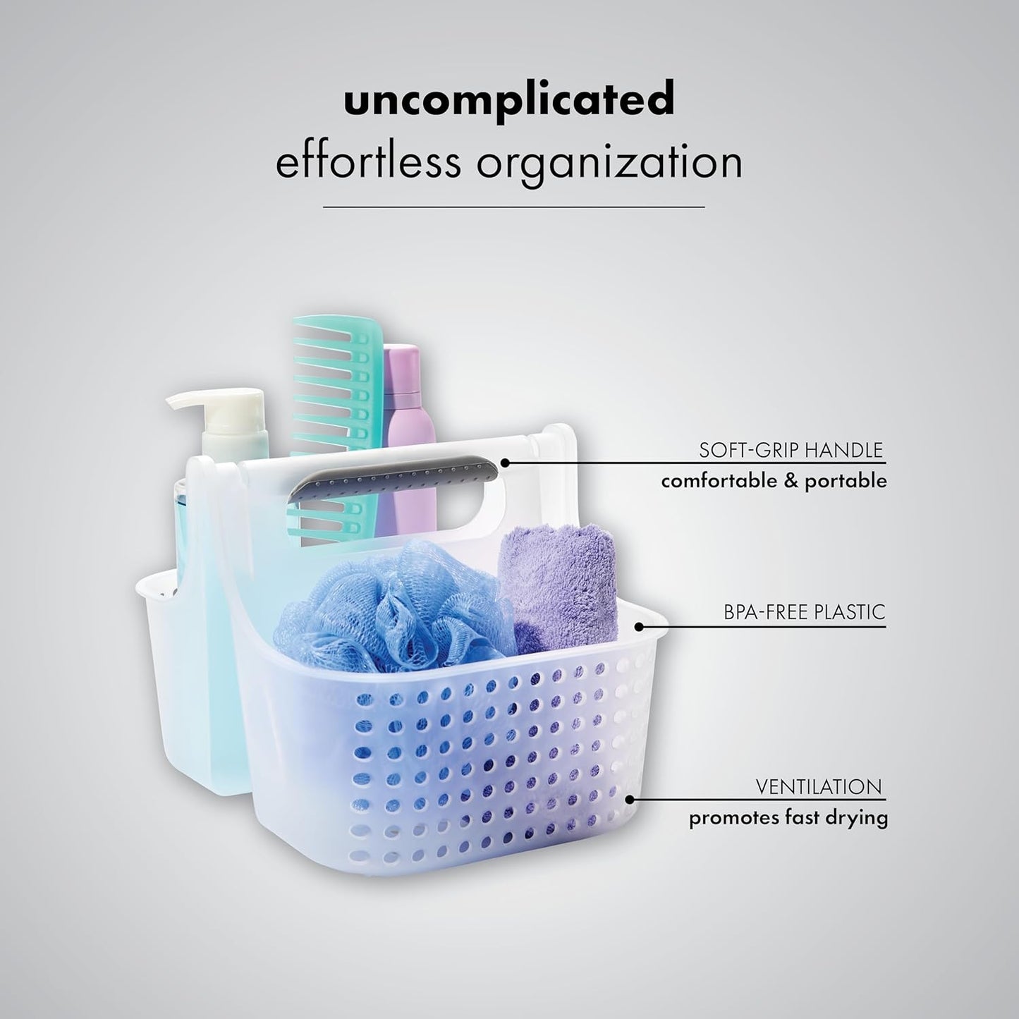 Madesmart 2-Compartment Soft Grip Shower Tote for Bathroom Organization, Plastic Storage Shower Caddy Bucket, Small, Frost