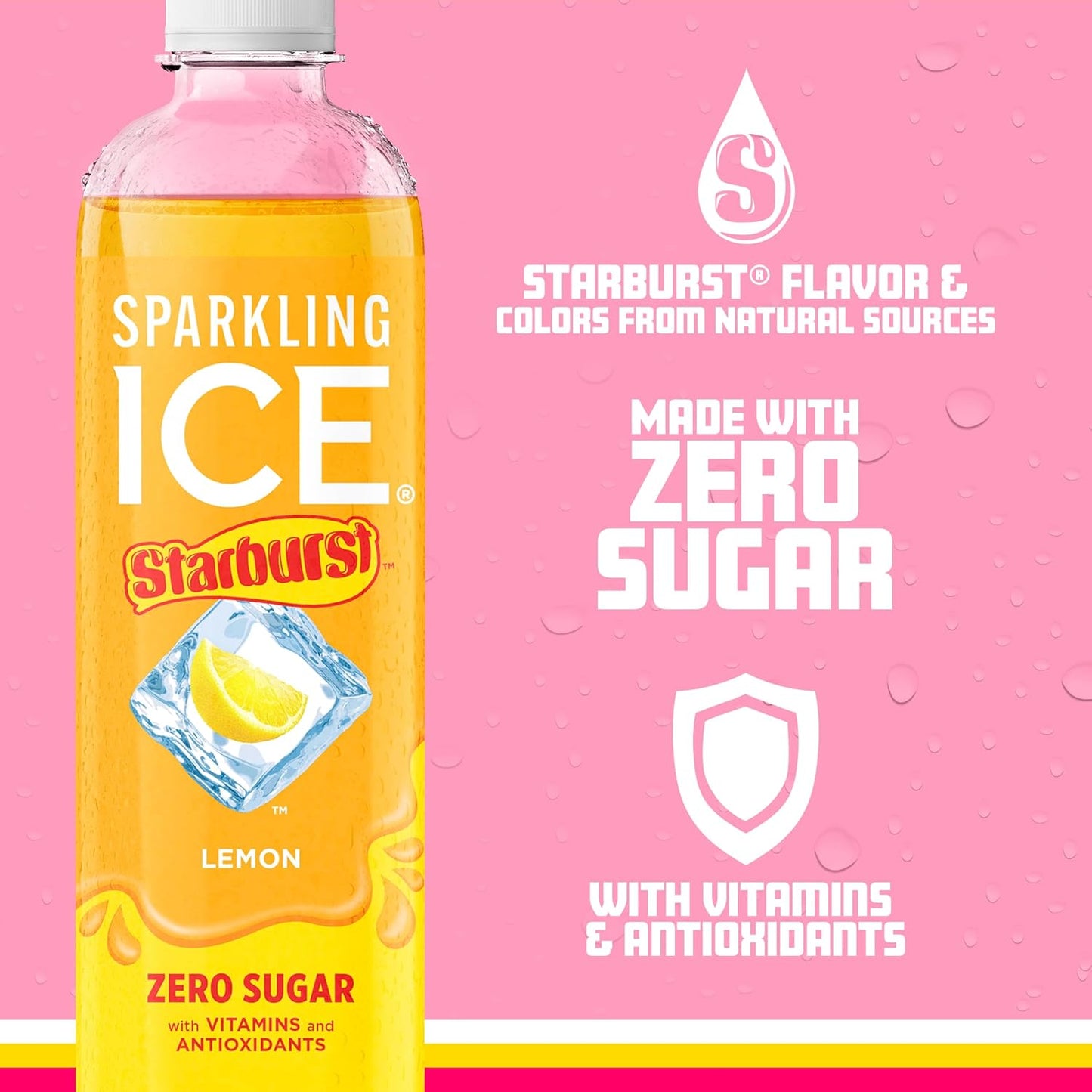 Sparkling Ice STARBURST Lemon, Zero Sugar Flavored Sparkling Water, with Vitamins and Antioxidants, Low Calorie Beverage, 17 fl oz Bottles (Pack of 12)