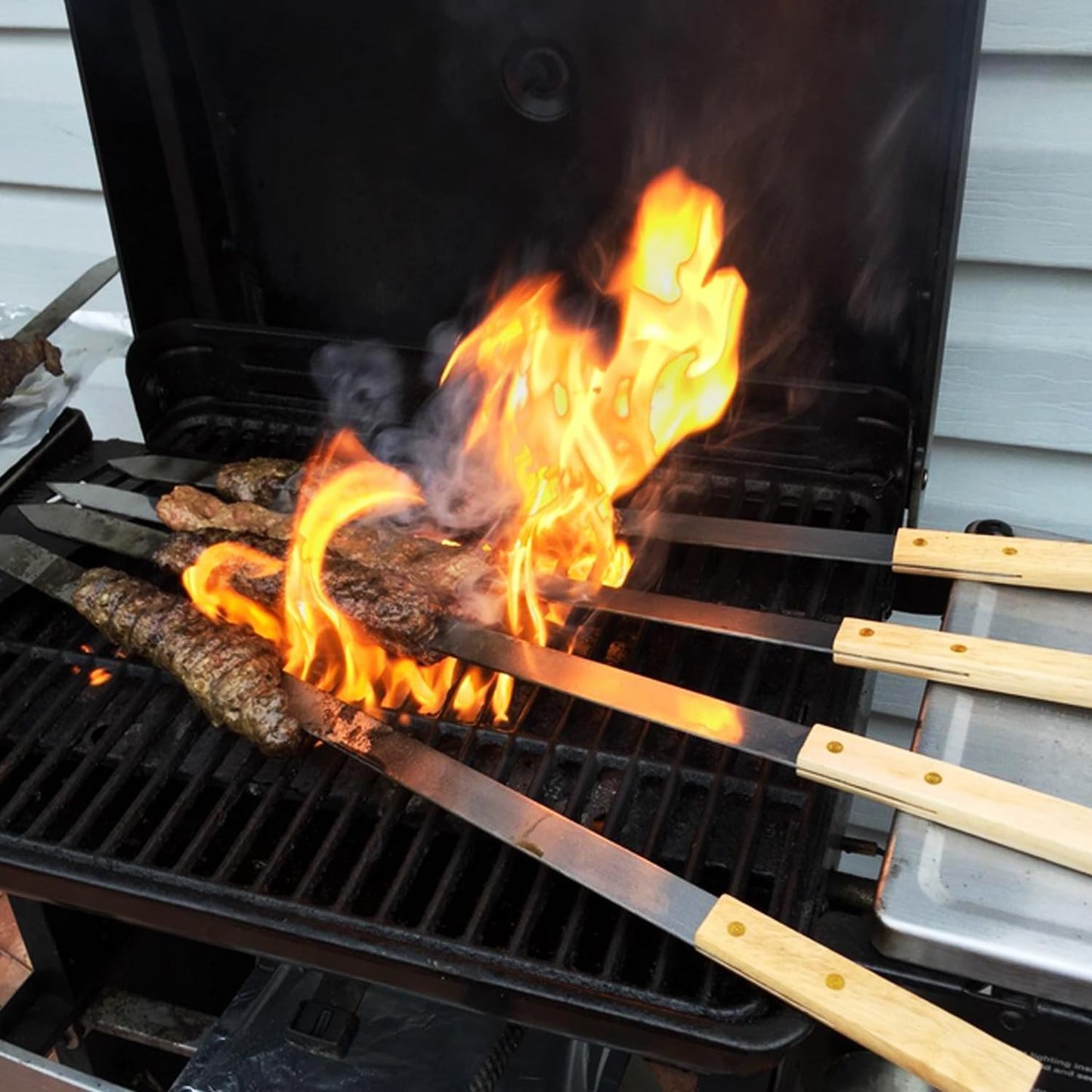 Goutime Kabob Skewers 23 Inch Long,1 Inch Wide Stainless Steel Grilling BBQ Skewer with Wood Handle for Making Koubideh Persian Brazilian Chicken Shrimp Kebab,Set of 7 with Bag