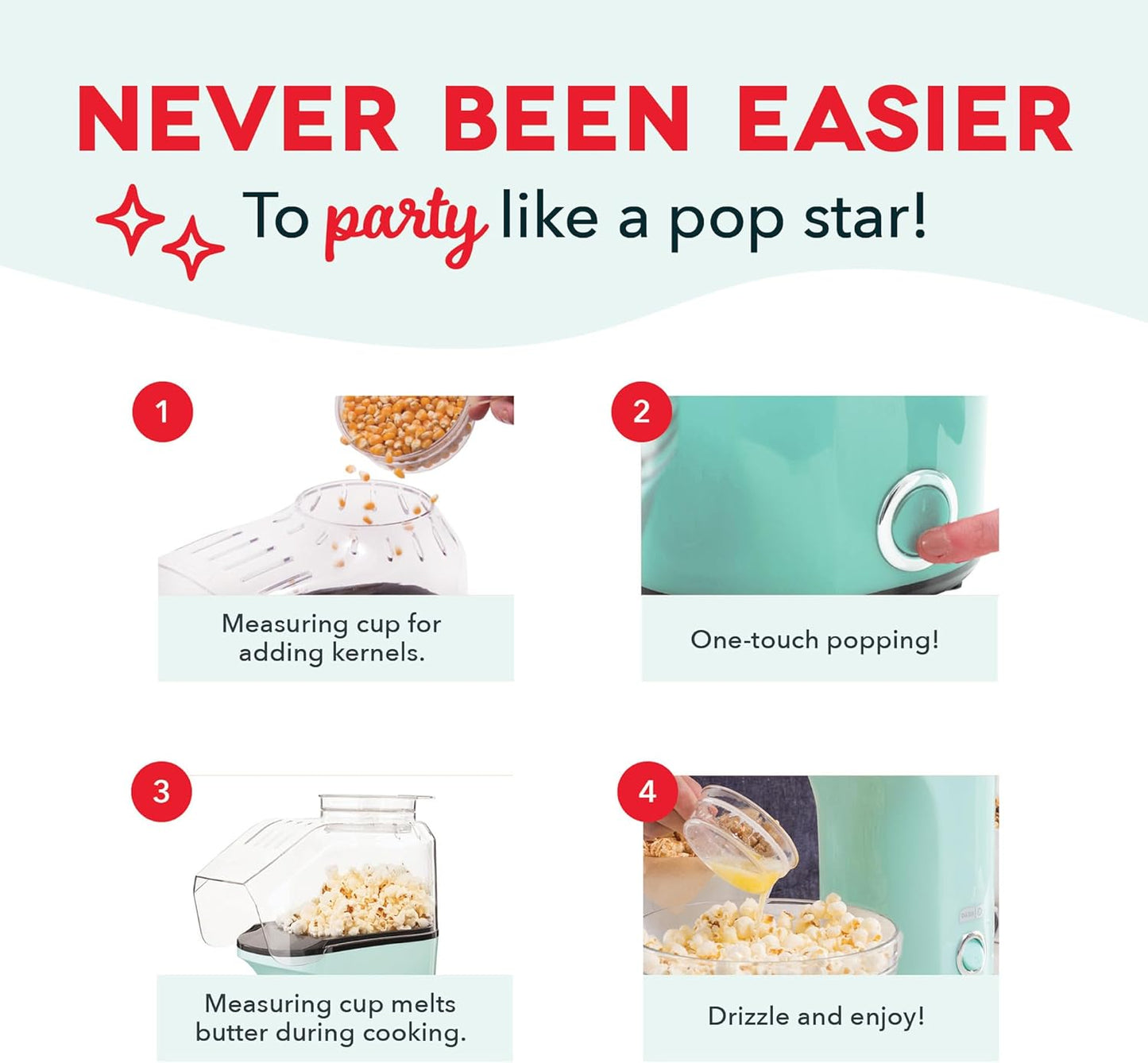 DASH Hot Air Popcorn Popper Maker with Measuring Cup to Portion Popping Corn Kernels + Melt Butter, 16 Cups - White