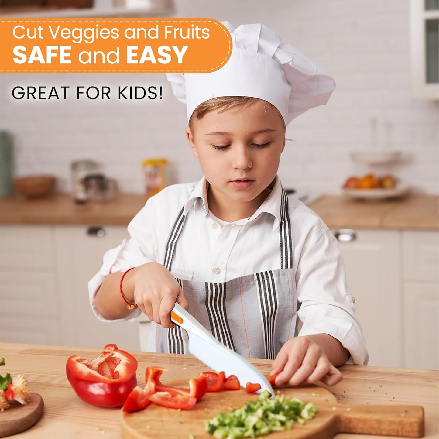 Zulay 3-Piece Kids Knife Set for Real Cooking & Baking - Toddler Knives for Cutting Fruits, Veggies, & Cake - Children’s Montessori Knife with Serrated Edges - Safe & Fun Lettuce Knife (Orange)