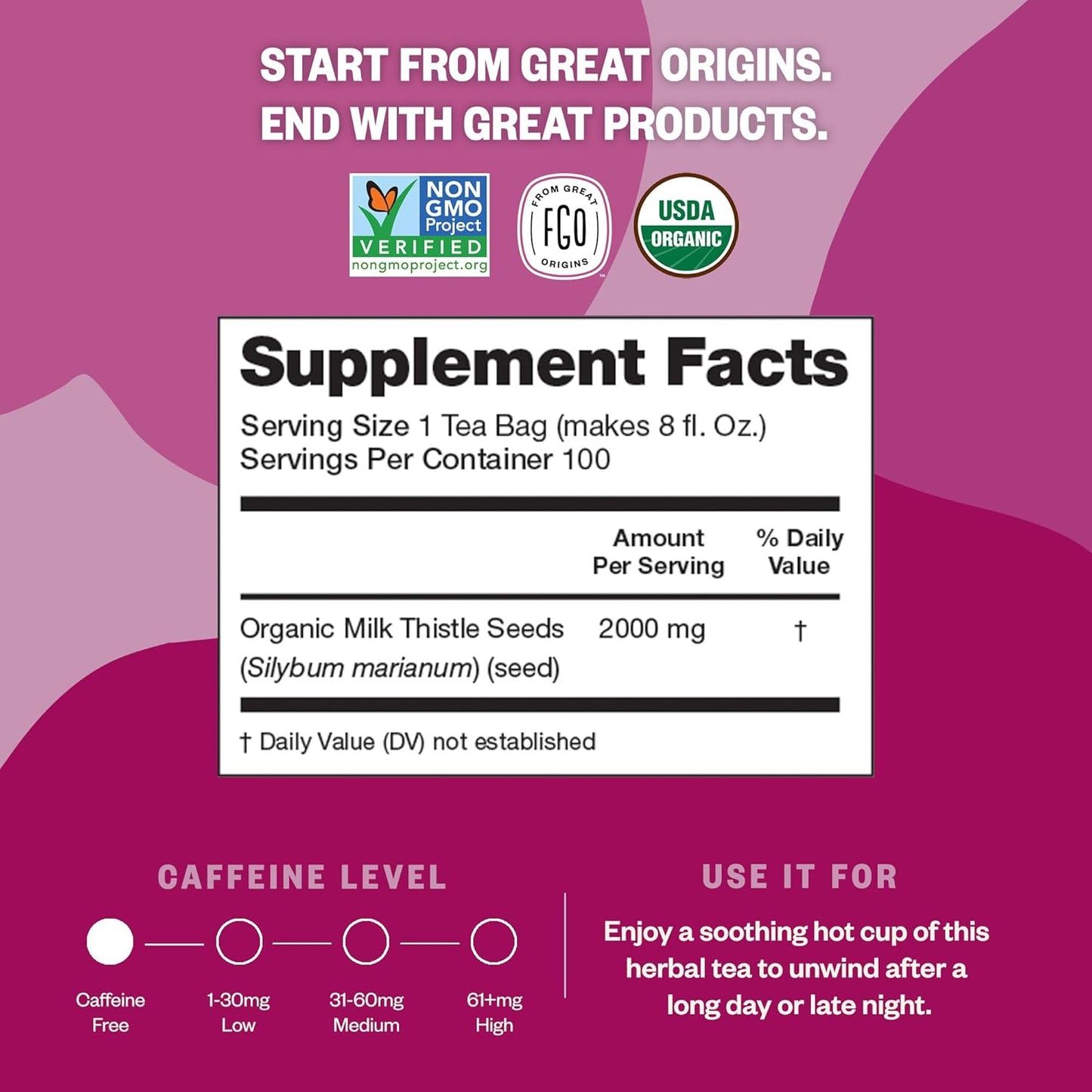 FGO Organic Milk Thistle Tea, 100 Count, Eco-Conscious Herbal Tea Bags, Resealable Bag, Caffeine Free, Packaging May Vary (Pack of 1)