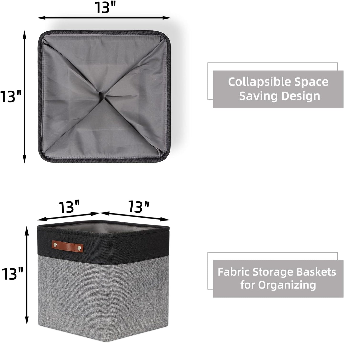 HNZIGE Storage Foldable Baskets Cubes Set(3 Pack) Fabric Bins for Shelves,13 Inch Storage Basket for Organizing with Leather Handles for Home, Toys, Clothes, Kids Room, Closet Storage(Black&White)