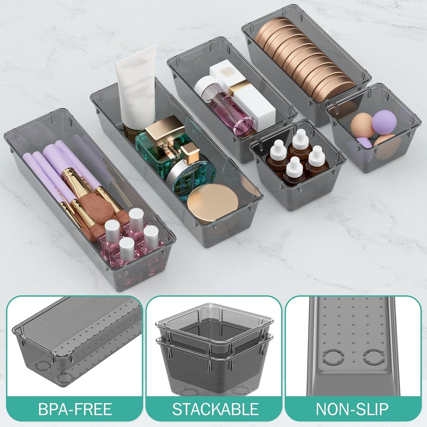 WOWBOX 6 Pack Clear Drawer Organizer Set, Acrylic Drawer Storage Trays, Storage Bins for Makeup, Cosmetics, Jewelries, Utensils, Gadgets, Office, Black