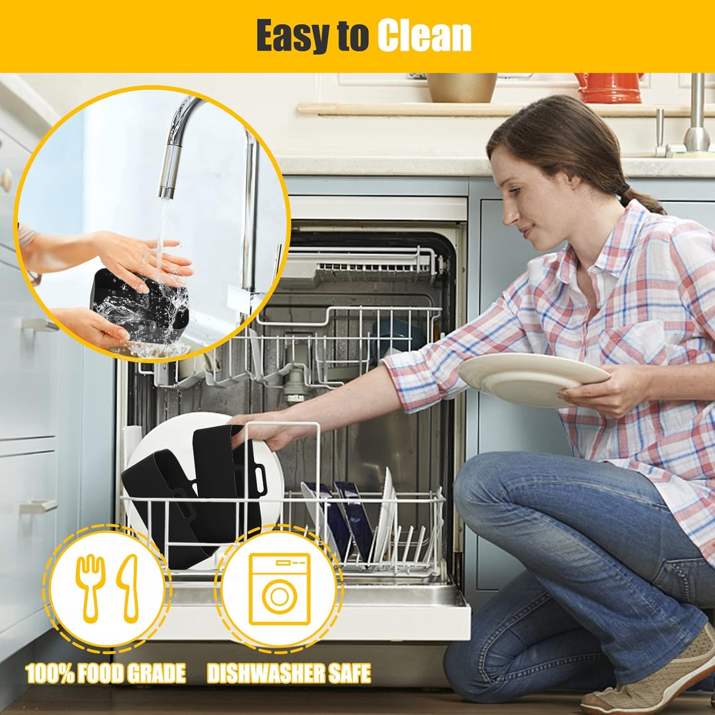 Air Fryer Silicone Liners 10QT for Ninja DZ550 DZ550GY/DZ302/DZ401,MMH 2Pcs Rectangle Food-Grade Airfryer Pot Reusable Replacement Baking Basket Accessories for Ninja 10 QT 10in1 Dual Air Fryer,Black