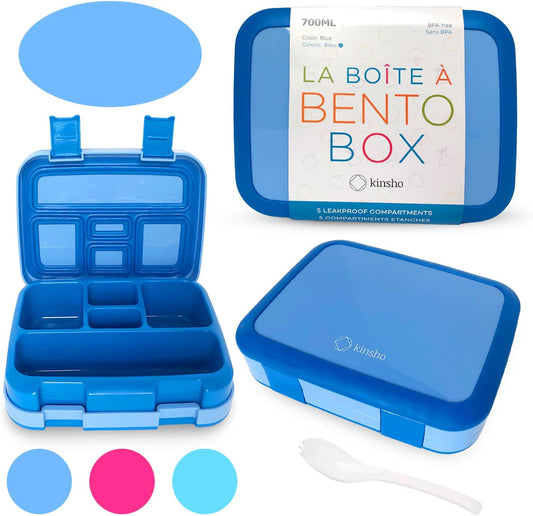 kinsho Bento Lunch Box for Kids Toddlers Boys, 5 Portion Sections Secure Lid, Microwave Safe BPA Free Removable Tray, Pre-School Kid Daycare Lunches Snack Container Ages 3 to 5, Blue