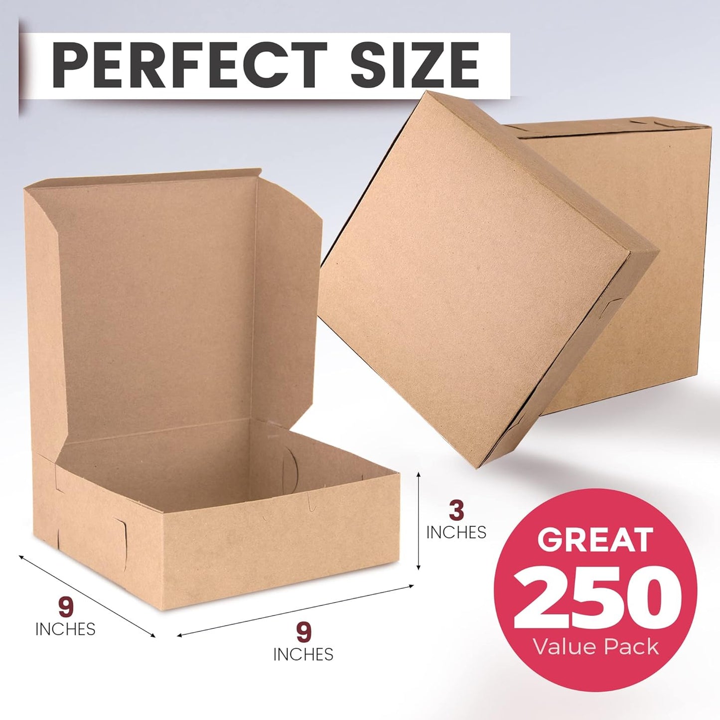Fit Meal Prep 250 Pack Kraft Bakery Boxes - Brown Cardboard Pie & Dessert Boxes, 9x9x3 inches, for Cupcakes, Chocolates & Donuts