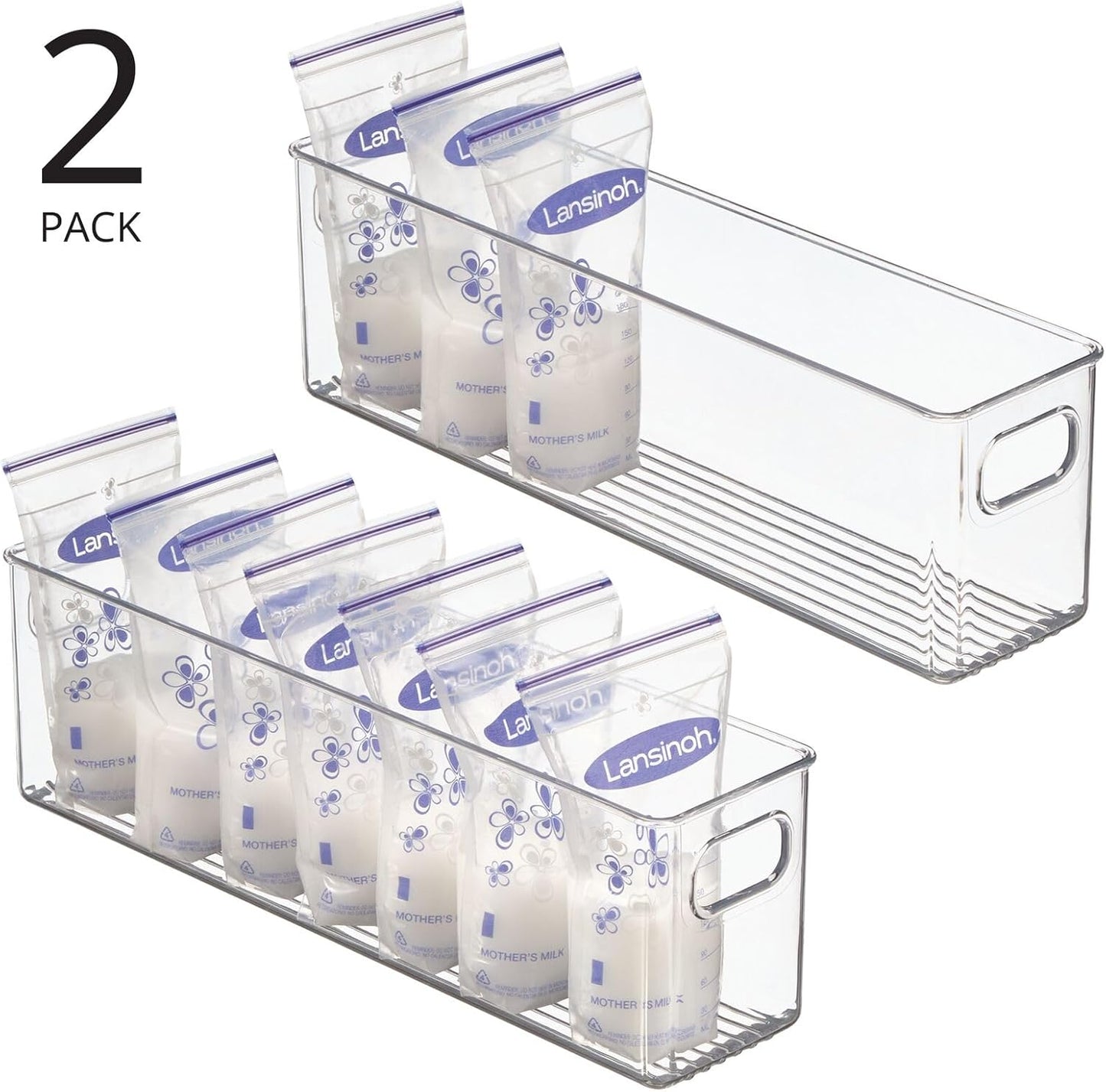 mDesign Plastic Long Stackable Storage Organizer Container, Organization Bin w/Handles for Kitchen, Pantry, Fridge, Freezer, Cabinet, Perfect to Hold Breast Milk - Ligne Collection - 2 Pack, Clear