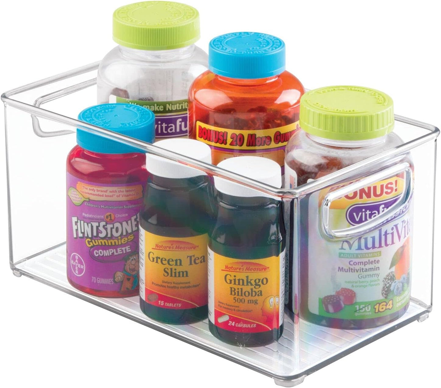 mDesign Plastic Storage Organizer Wide Container Bin with Handles for Bathroom, Home Organization - Holds Vitamins, Supplements, Makeup, Styling Tools - Ligne Collection - Clear