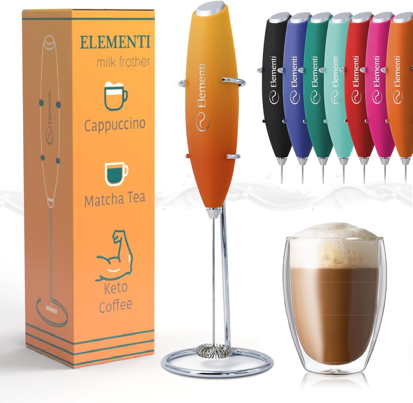 Elementi Milk Frother Wand & Drink Mixer with Stand - Powerful Coffee Frother Handheld Coffee Mixer Wand - Hand Held Milk Foamer to Make Perfect Cappuccinos, Lattes & Drink Mixes at Home (Sunrise)