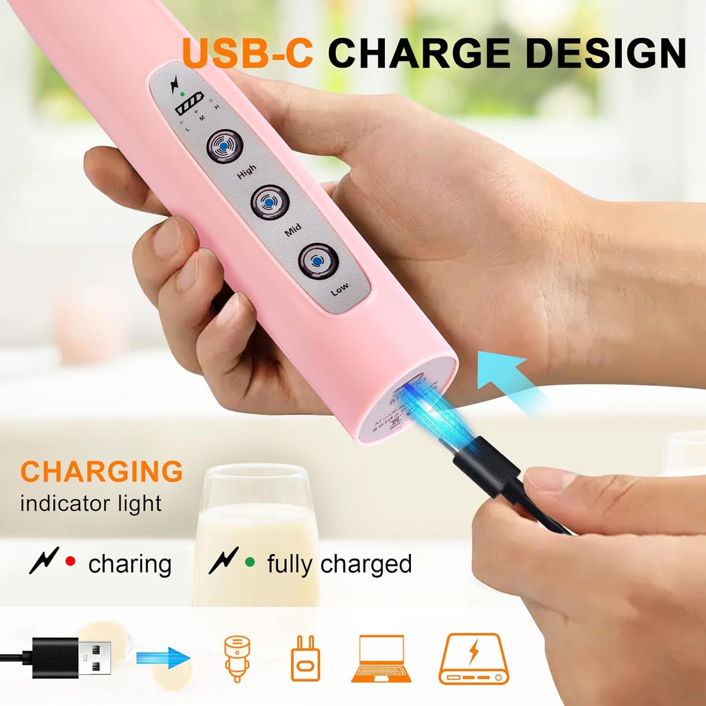 YUSWKO Pink Milk Frother Handheld with 3 Heads, Coffee Whisk Drink Foam Mixer with USB Rechargeable 3 Speeds, Electric Hand Frother for Latte, Cappuccino, Hot Chocolate, Egg