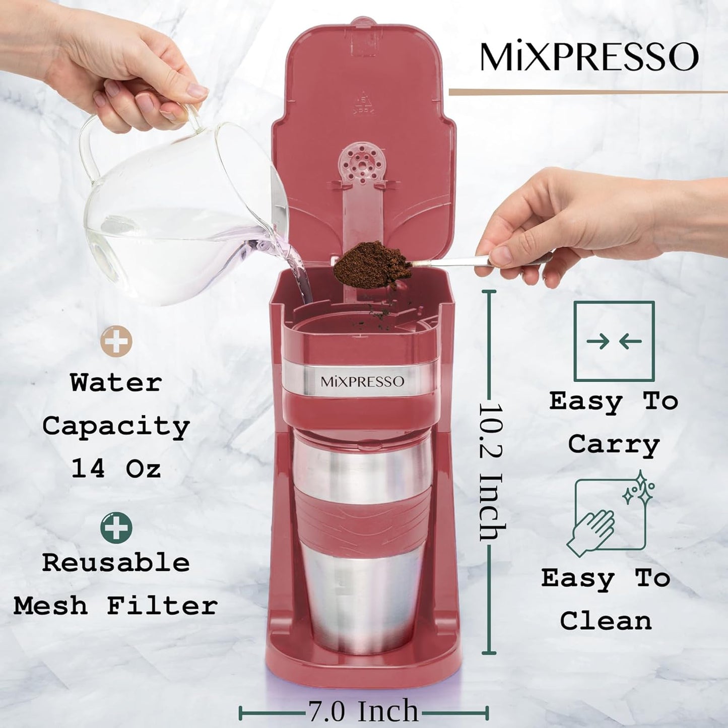 Mixpresso Red Personal Single Serve Coffee Maker with 14oz Travel Mug, Drip Small Coffee Maker with Auto Shut Off, Reusable Filter, Works with Ground Coffee Only – Not for K-Cup Pods