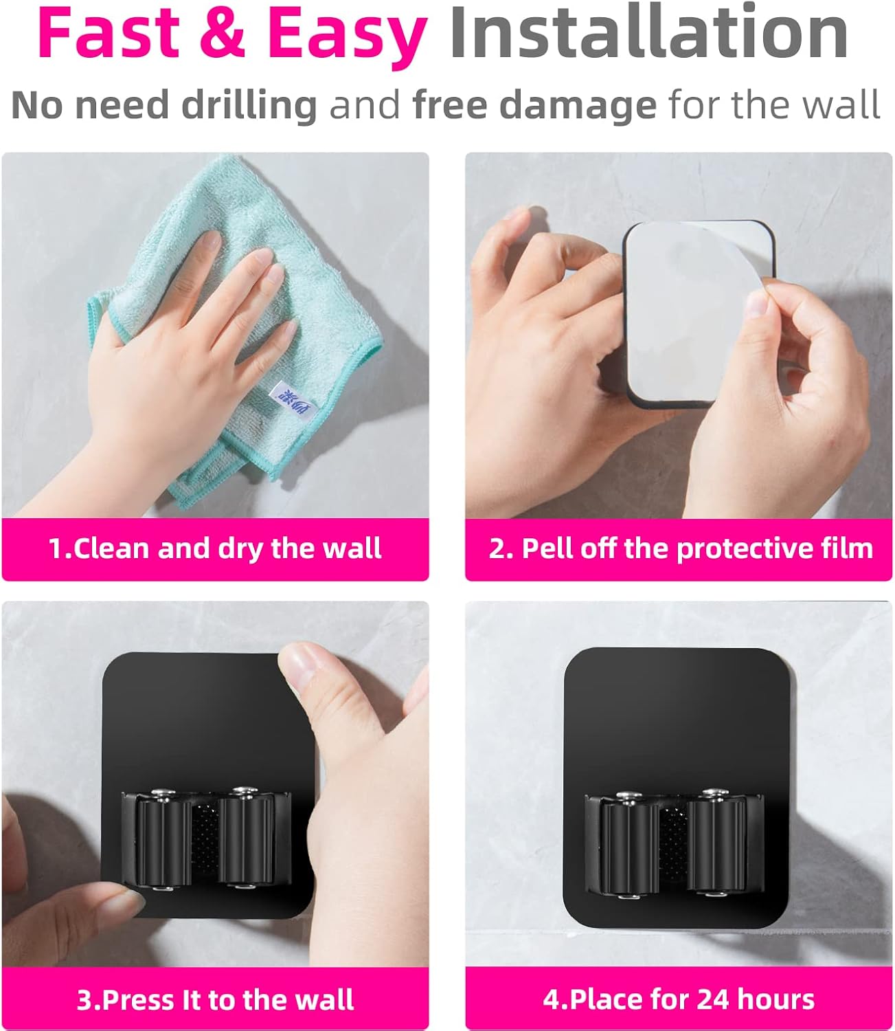 4 Pack Broom Holder Wall Mount, Improved Super Anti-Slip Mop and Broom Holder Wall Mount, Broom Hanger Gripper for Kitchen, Bathroom, Closet, Garden Garage, Black