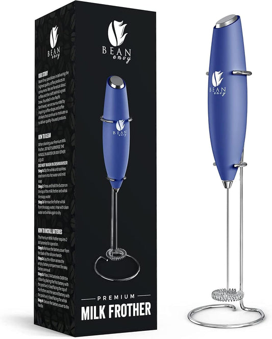 Bean Envy Milk Frother, Coffee Stirrers, Frother Wand, Milk Frother Handheld, Frother with stand, Hand Blender for Coffee, Lattes, Cappuccino, Matcha and Hot Chocolate – Kitchen Gifts - Blue