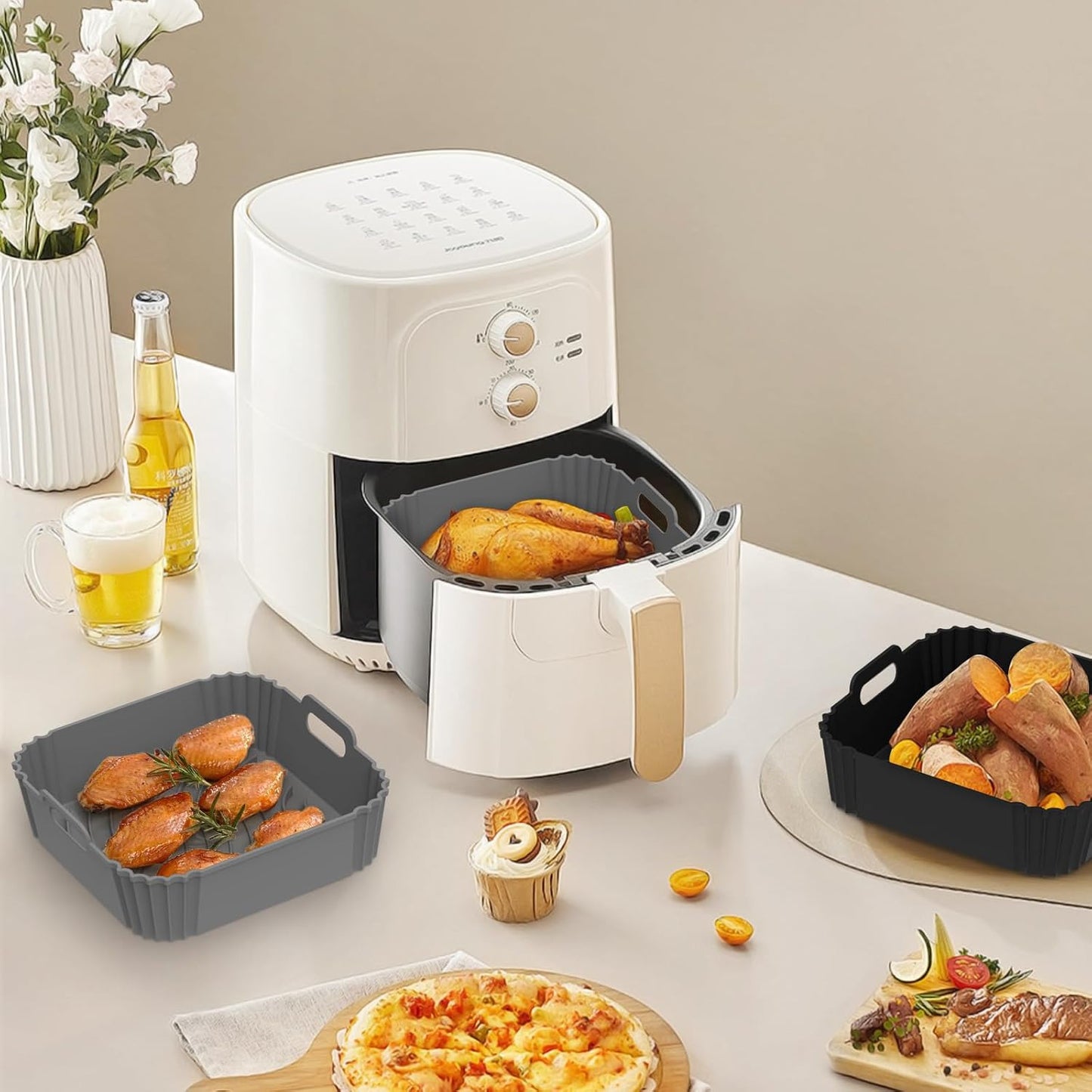 Redfly 2 Pack Silicone Air Fryer Liners, Square Reusable Non-Stick Basket Inserts for 4-5 QT Air Fryers, Dishwasher Safe Parchment Paper Replacement Accessories Gray & Black