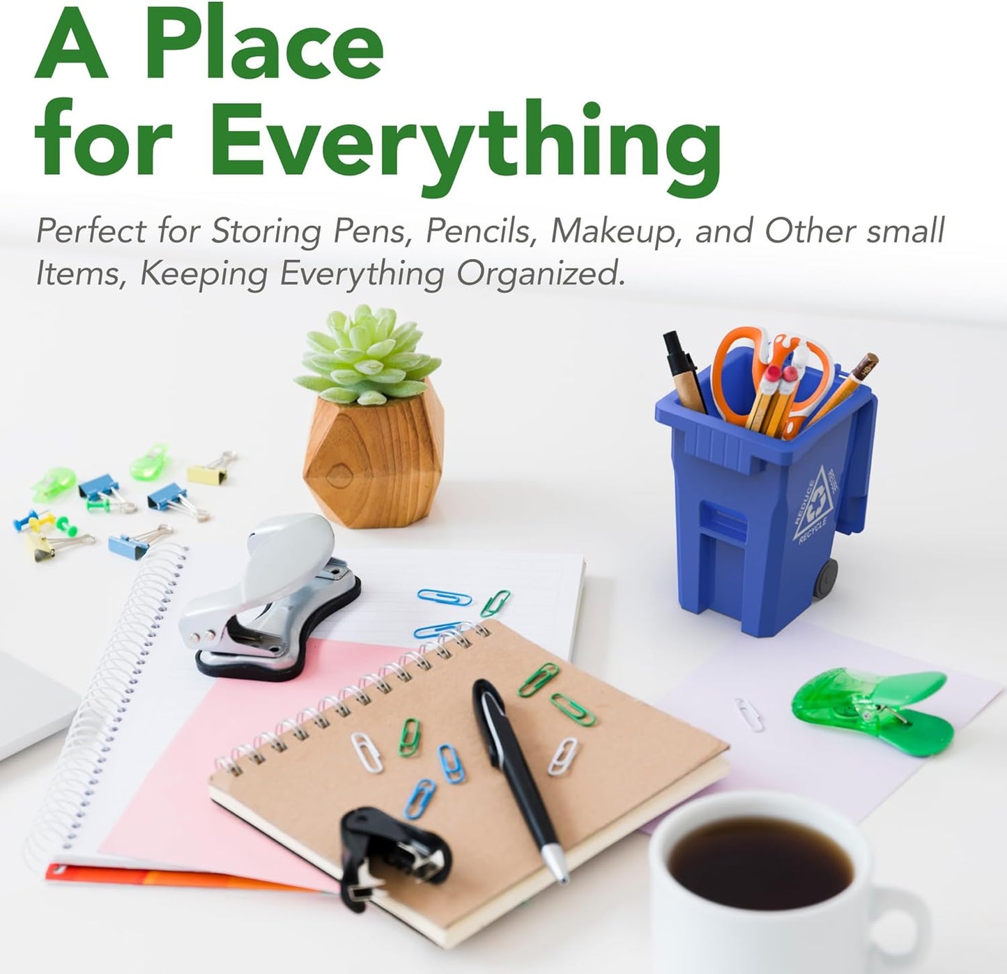 Wiosi Mini Garbage Trash Pen Holder for Desk, Pack of 2, Blue & Green, Tiny Recycle Bin Pencil Holder | Storage for Pencils & Pens | Office Stationery to Organize The Desk | Ideal for Student Work