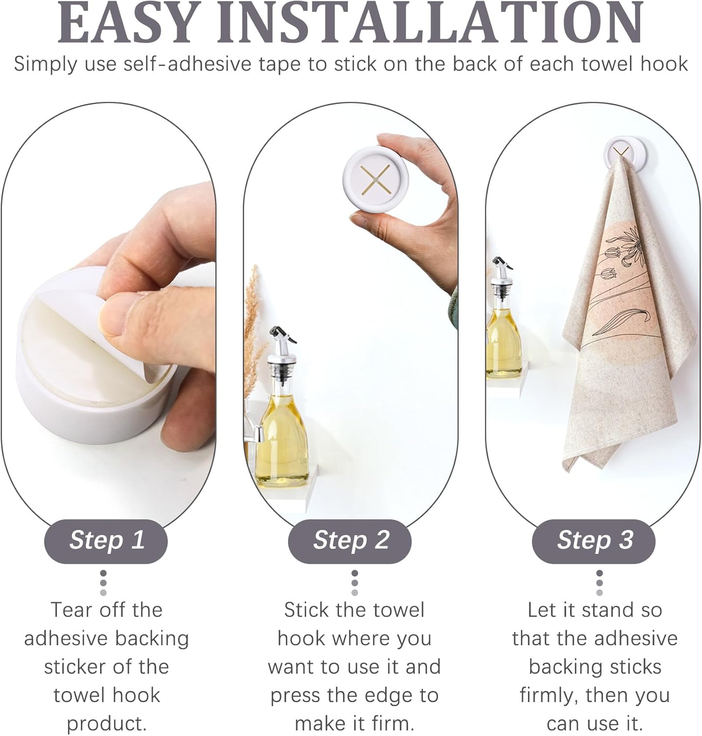 3 Pieces Kitchen Towel Hooks Round Adhesive Dish Towel Hook Premium Chrome Finish & Easy Installation Wall Mount Hand Towel Hook Ideal as Bathroom, Shower or Outdoor Towel Holders (White)