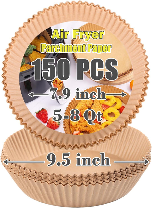 GOAUS Air Fryer 150 Pcs Round Paper Liners Disposable Large for 5 to 8 Qt Basket, 7.9 inch Unbleached Non-stick Oil-proof Parchment Paper