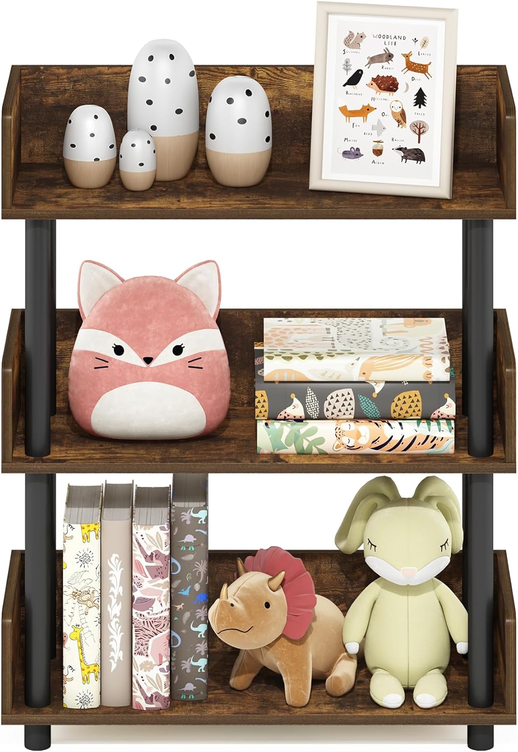 Furinno TURN-N-TUBE 3-Tier Display Shelf, Storage Shelves, Book Shelf, Open Shelves with Rounded Corner Top Edges, for Organization and Storage, Living Room, Home Office, Amber Pine