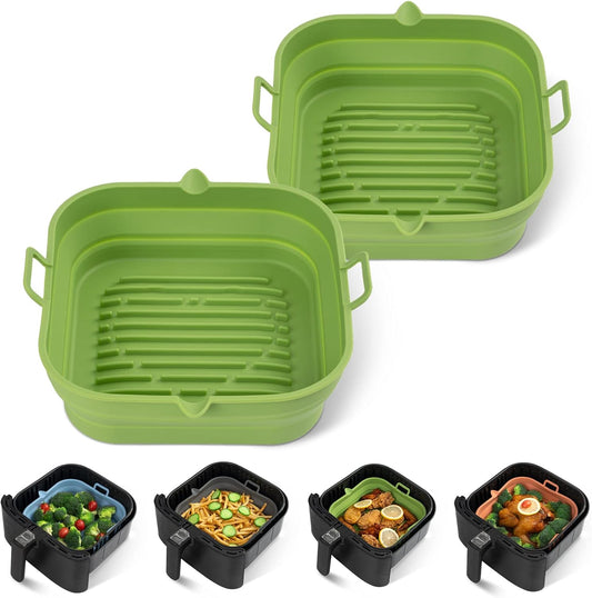 [2 Pack] Silicone Air Fryer Liners Square - Reusable Airfryer Silicone Basket - Easy to Clean Air Fryers Silicone Pot for 5.8 to 8 Qt Large Air Fryer Baking Tray Oven Accessories, 8.5 Inch