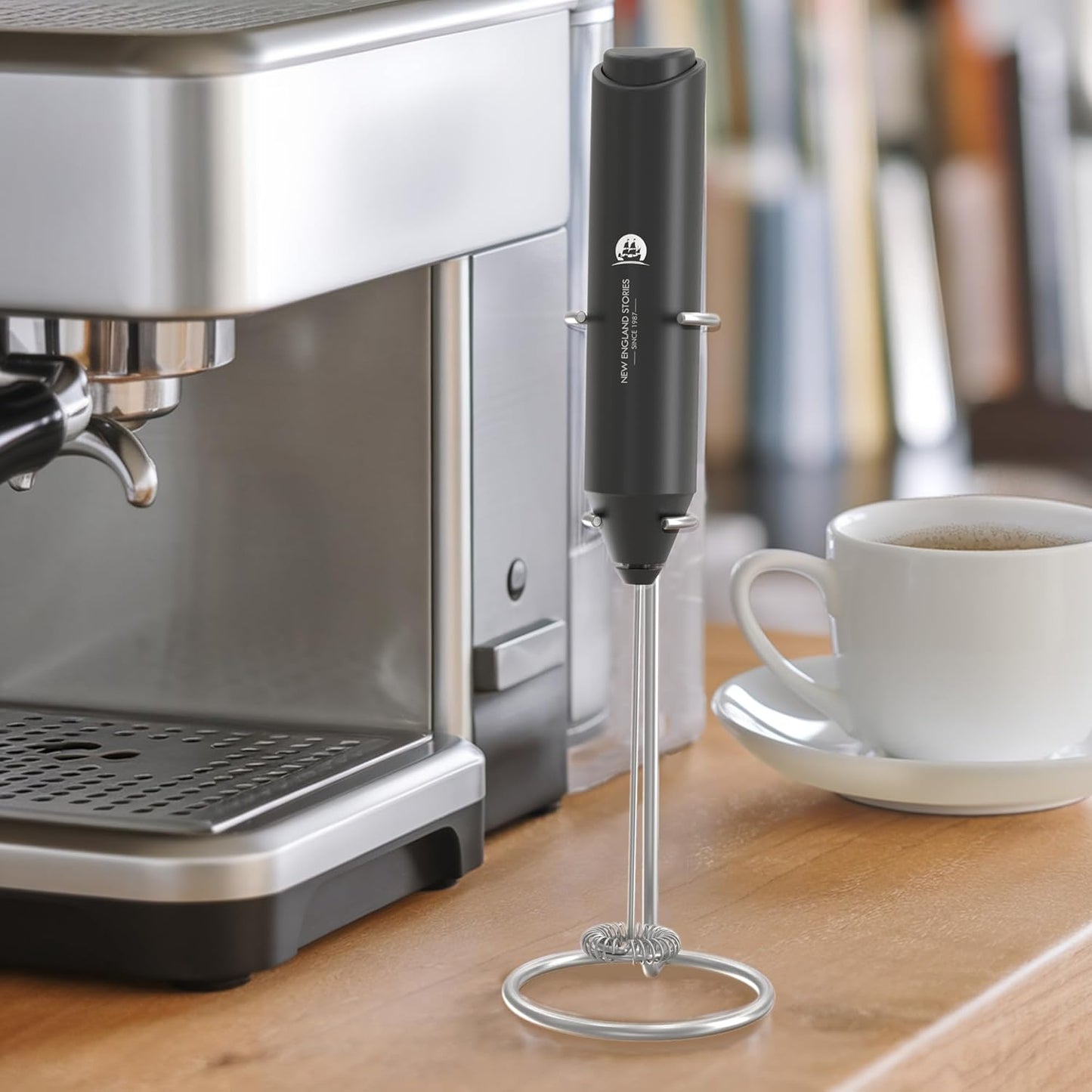 Milk Frother with Stand (Battery Included), Handheld Battery Operated Electric Foam Maker with Stainless Steel Whisk for Coffee, Latte, Cappuccino, Hot Chocolate