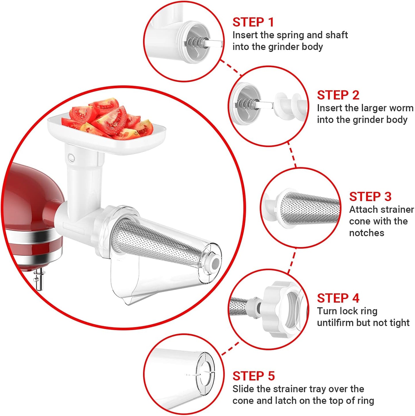 Fruit & Vegetable Strainer Attachment Set for KitchenAid Stand Mixer, Includes Food Grinder Attachment with Sausage Stuffer Tubes and Juicer Auger, Meat Grinder Attachment for KitchenAid by InnoMoon