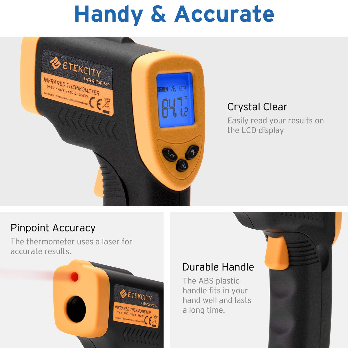 Etekcity Infrared Thermometer 749 (Not for Human) Temperature Gun Non-Contact Digital Lasergrip with LCD Backlit Display, -58℉ to 716℉ (-50℃ to 380℃), Black-Yellow