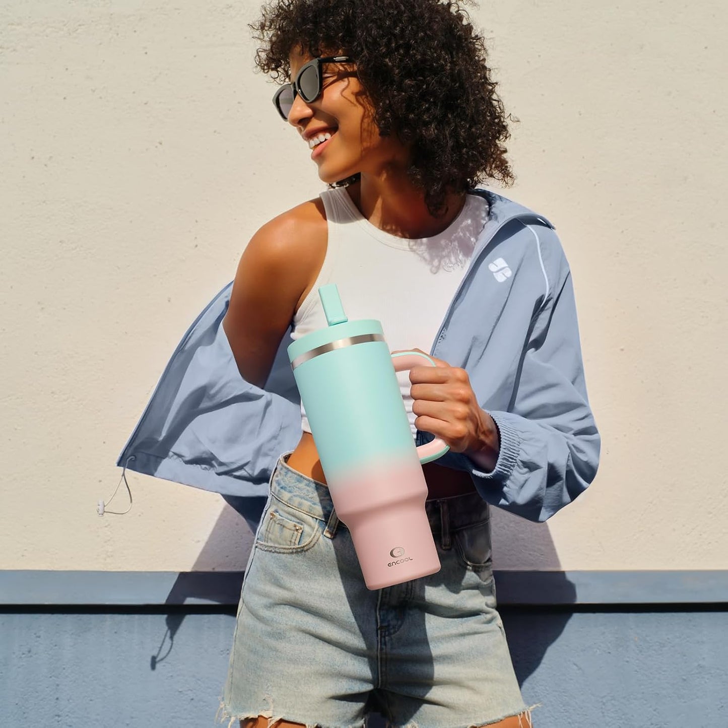 32 oz Tumbler with Handle and Straw: Stainless Steel Insulated Tumbler Keeps Cold for 24 Hours, Leakproof Travel Cup Fits in Cup Holder and BPA-Free, Cherry Blossom