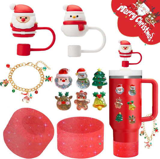 Christmas Stanley Cup Accessories Set,Including 2 Pcs 0.4in Christmas Straw Toppers, 8 Pcs 3D Stickers, 1 Pcs Handle Charm, 1 Silicone Boot Fits Stanley 40&30 Oz Tumbler (Glitter red)