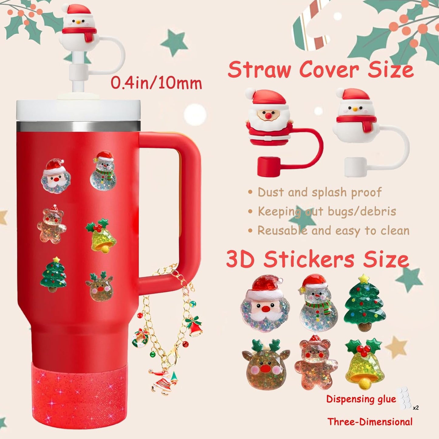 Christmas Stanley Cup Accessories Set,Including 2 Pcs 0.4in Christmas Straw Toppers, 8 Pcs 3D Stickers, 1 Pcs Handle Charm, 1 Silicone Boot Fits Stanley 40&30 Oz Tumbler (Glitter red)