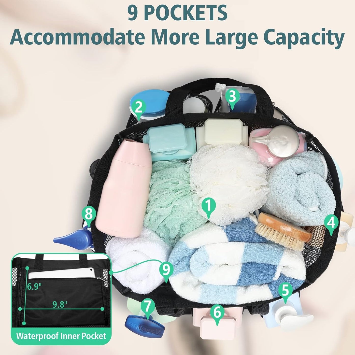 F-color Mesh Shower Caddy Portable, 8.3" Deeper Pockets Large Shower Caddy Bathroom Caddy for College Dorm Room Bathroom Essentials, 2 Handles Shower Bag Tote for Gym Rv, Camp with S Hook, Black