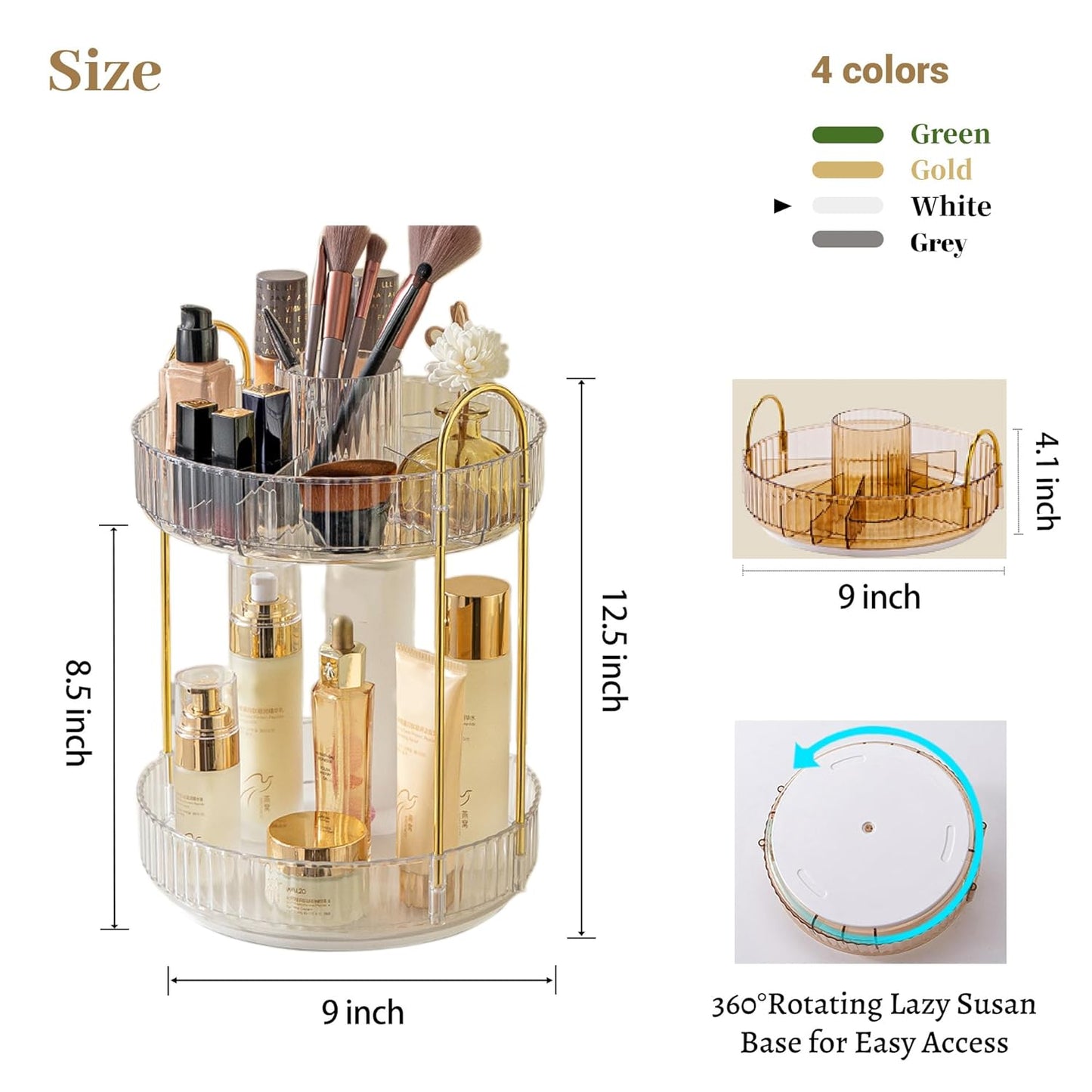 Aveniee 360 Rotating Makeup Organizer for Vanity, Upagraded Perfume Skincare Bathroom Counter Organizers with Brush Divider, Two Tier Spinning Lipstick Cosmetic Lotion Storage,White