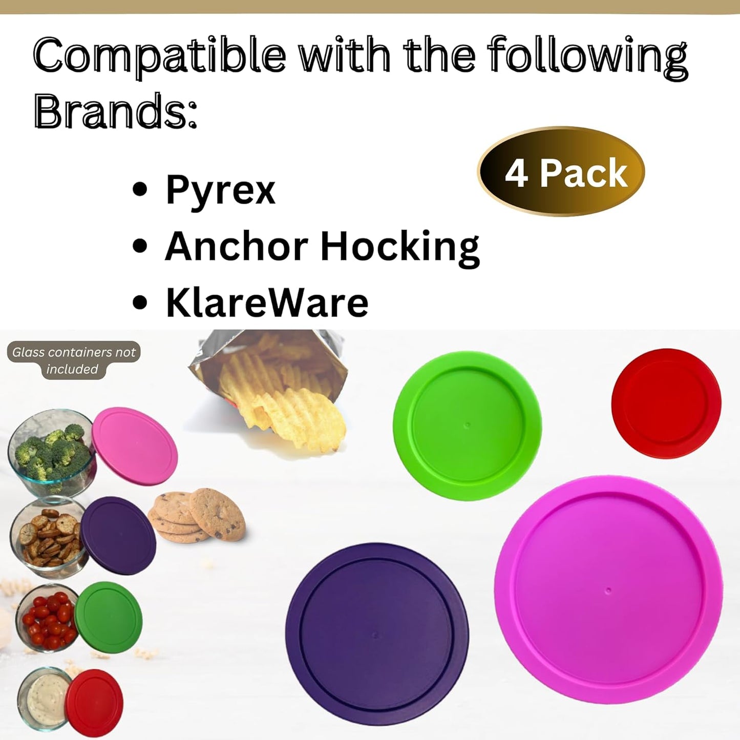 1, 2, 4 & 7 Cup Red, Spring Green, Purple Pink Replacement Lids/Covers for Pyrex, Anchor Hocking & KlareWare Storage Bowls *Lids Only Glass Container Not Included* (4 Pack *One of Each Size*)