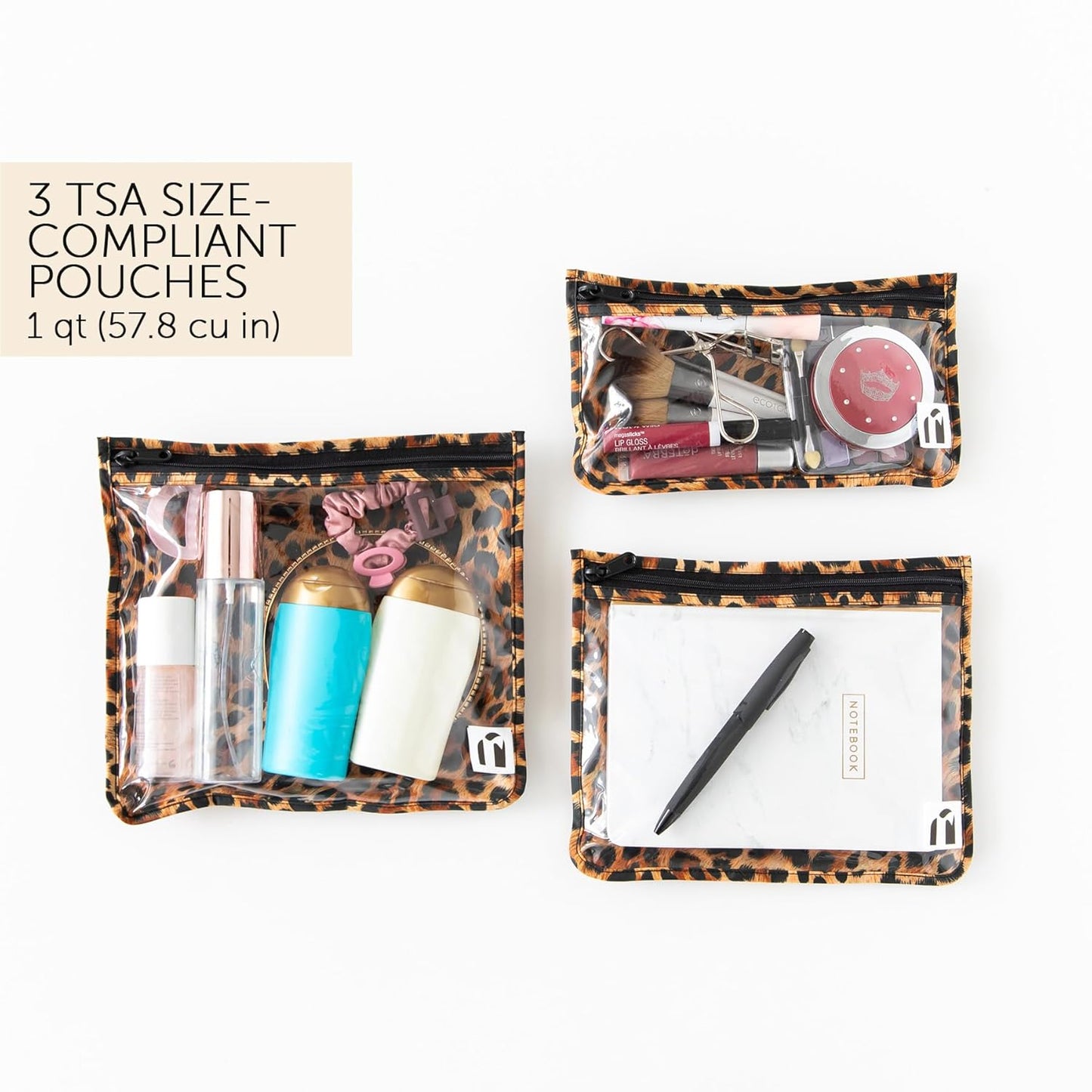 Roamio Travel Bag, Toiletry, TSA Approved Pouch, Zip Quart Size Airline Compliant, Clear-Sided, Baby, Diaper Bag Organization, Makeup, Accessories, Carry On Packing, Set of 3 Sizes, Leopard Print