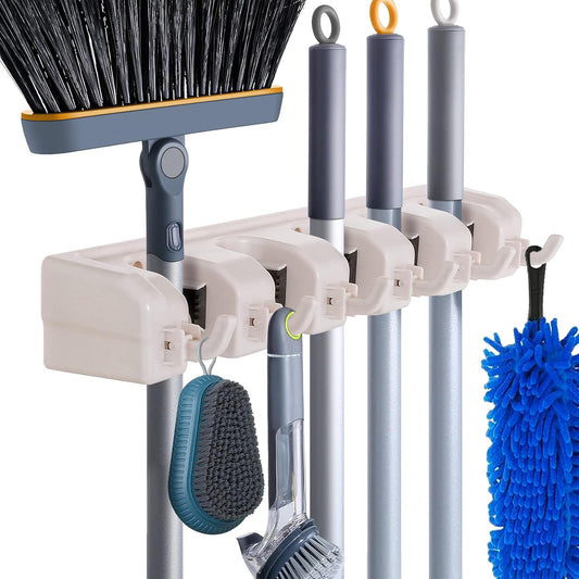 Wall Mount Broom Mop Holder Hanger Garden Tool Organizers Rack Garage Laundry Room Organizations and Storage with Hooks Heavy Duty