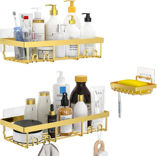 Moforoco 3-Pack Shower Caddy Basket Shelf with Soap Holder, No Drilling Traceless Adhesive Shower Wall Shelves, Rustproof Gold Bathroom Shower Storage Organizer