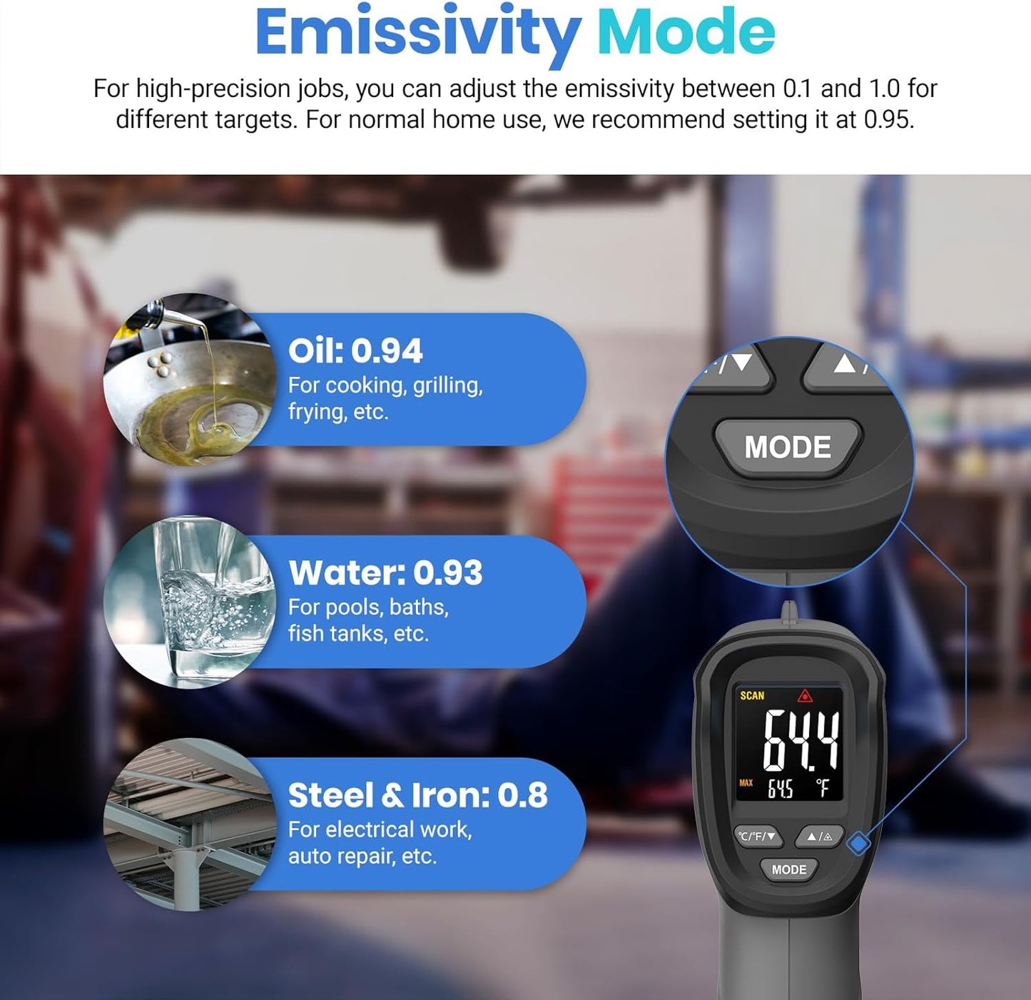 Etekcity Temperature Gun Infrared Thermometer -58°F 1130°F, Digital Laser Heat Gun with Adjustable Emissivity & Max Measure for Pizza Ovens, Griddles, Meat, Refrigerators, Engine, HVAC, Kitchen & Pool