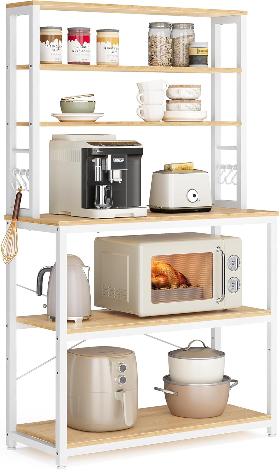 VASAGLE Coffee Bar, 31.5 Inches Baker's Rack for Kitchen with Storage, 6-Tier Kitchen Shelves with 6 Hooks, Microwave Stand, Industrial, Oak Colour and White UKKS019W09