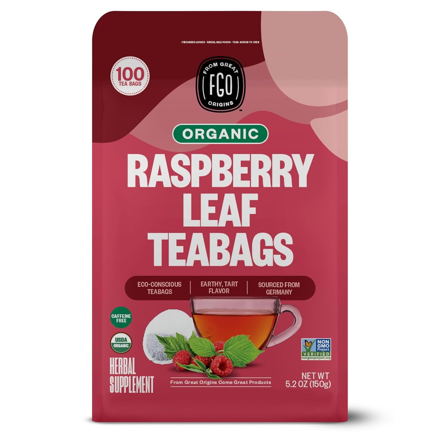 FGO Organic Red Raspberry Leaf Tea Bags, 100 Eco-Conscious Tea Bags, Caffeine Free, Imported from Germany, Reseable Bag, Packaging May Vary (Pack of 1)