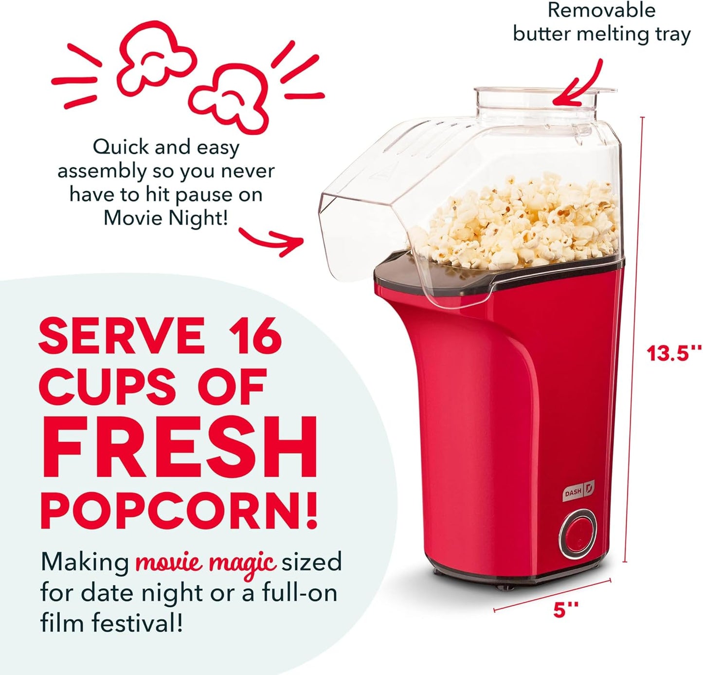 DASH Hot Air Popcorn Popper Maker with Measuring Cup to Portion Popping Corn Kernels + Melt Butter, 16 Cups - Red