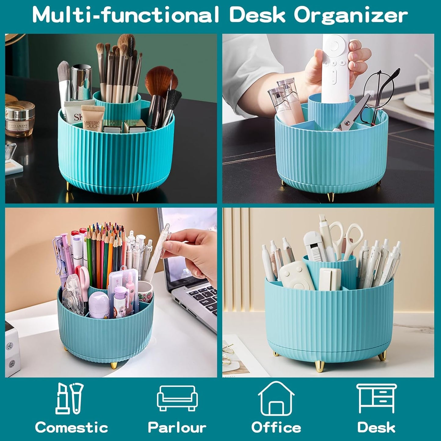 360° Rotate Makeup Brush Holder Organizer, Makeup Organizers Countertop, Makeup organization and Skincare Storage with Gift Box Packing for Vanity, Desktop, Bathroom (Blue)