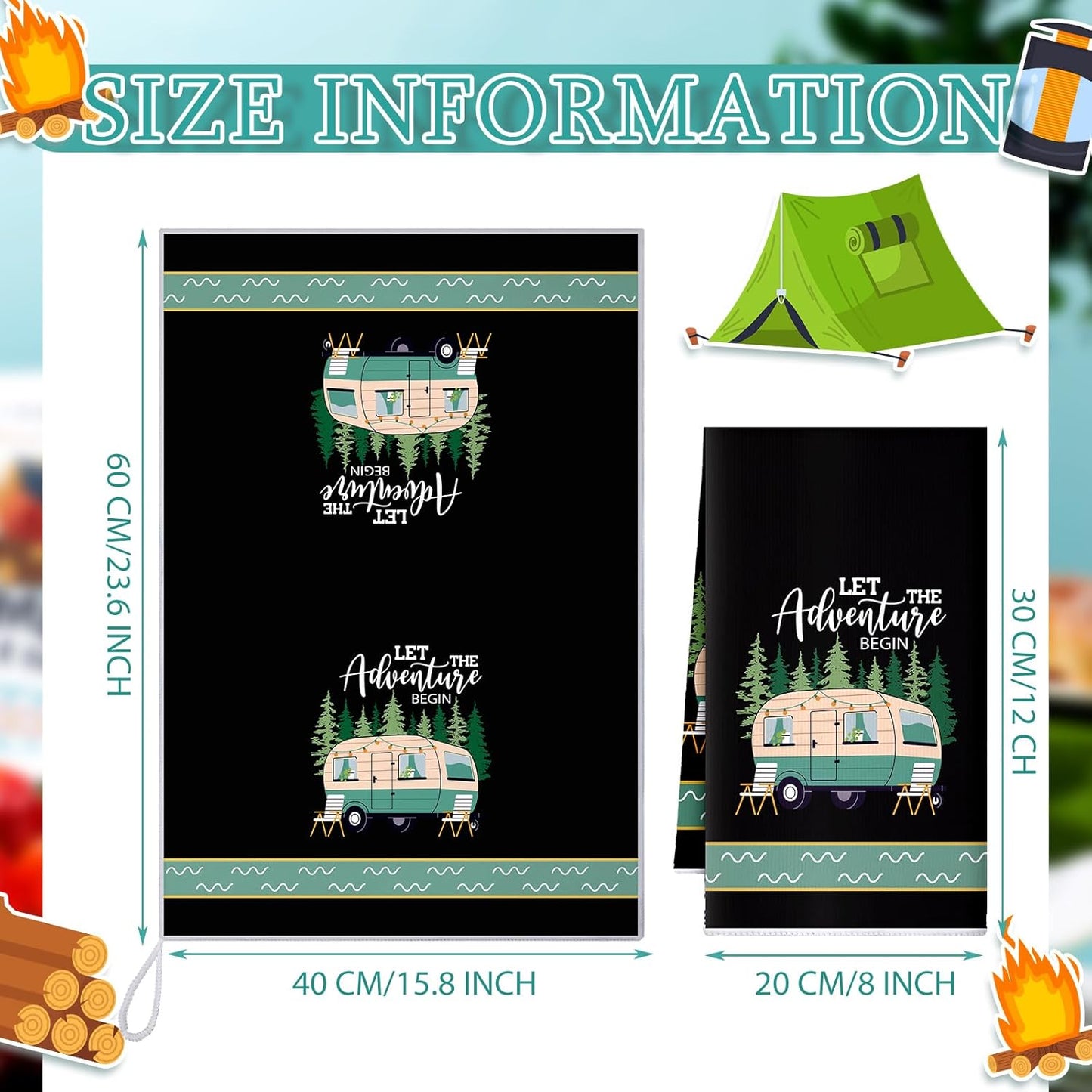 Boyiee 6 Pcs Camping Kitchen Towels Black Absorbent Dish Towels Bonfire Tent Car Tea Towels 24 x 16 Inches with Funny Sayings Novelty Gifts for Campers Happy Camper Camping Accessories for RV Campers