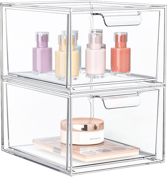 2 Pack Stackable Makeup Organizer and Storage, Acrylic Organizers，Clear Plastic Storage Drawer with Handles for Vanity, Undersink, Kitchen Cabinets, Pantry