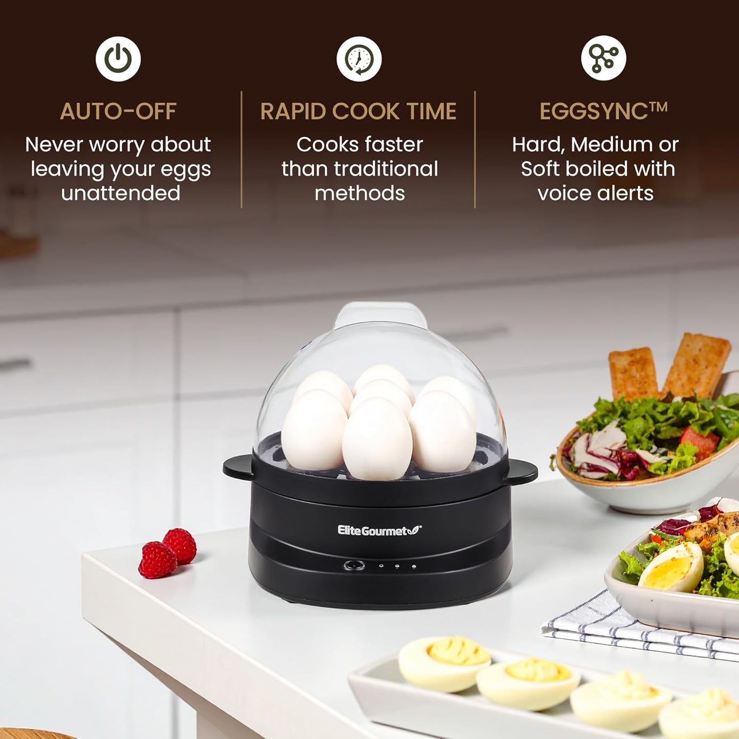 Elite Gourmet EGC587 EGGSYNC™ Voice Alerts Easy Egg Cooker, 7-Egg Capacity, Soft, Medium, Hard-Boiled Settings, Measuring Cup with Piercing Pin, Auto Shut-Off, BPA-Free