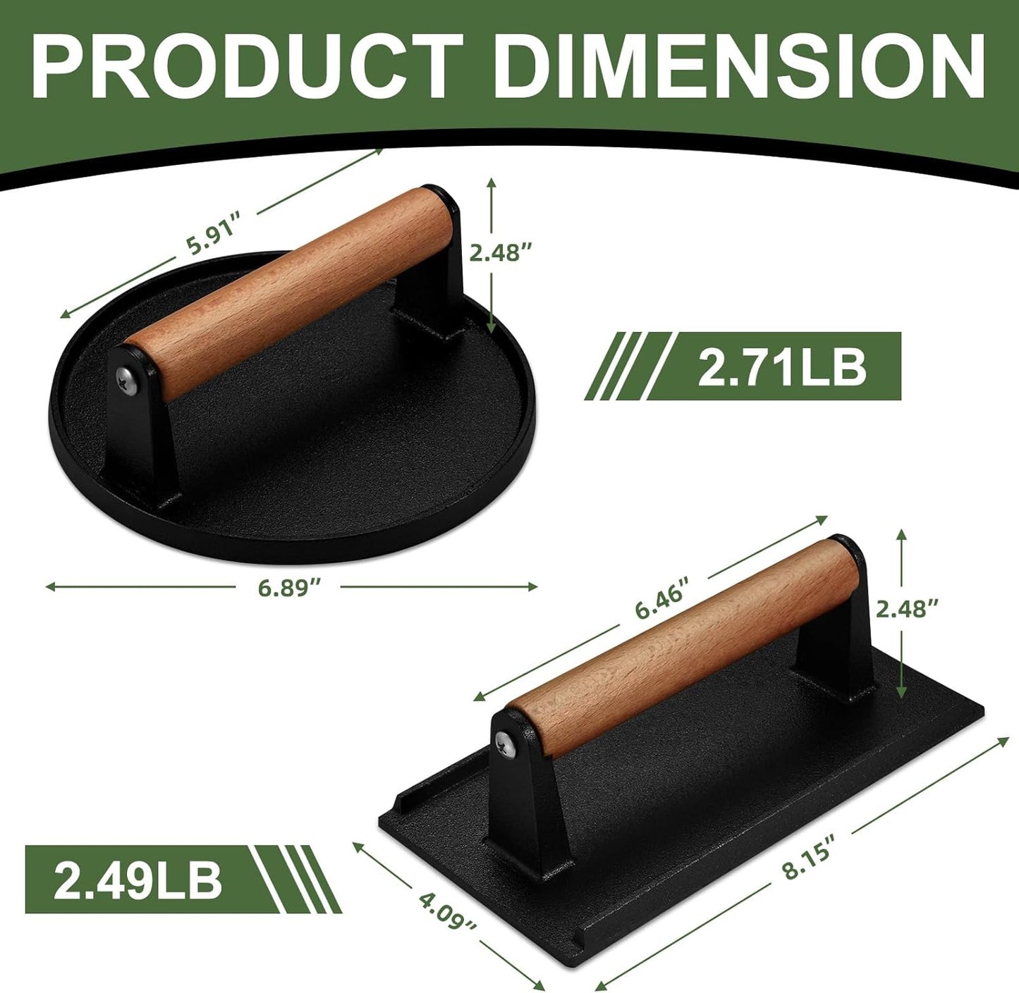 EWFEN Cast Iron Smash Bacon Press Meat Steak with Wood Handle, Burger Press(Round & Rectangle with Flat Bottom)